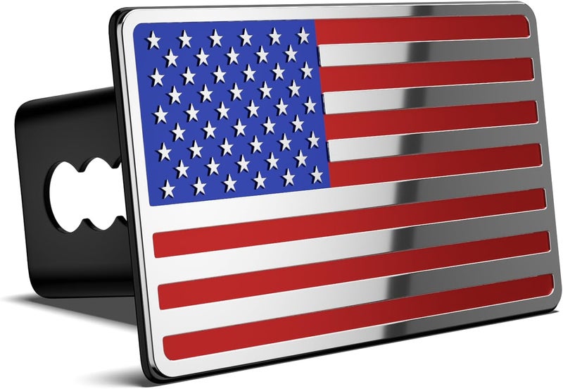 OGYE 2 Inch Trailer Hitch Cover with American Flag, Heavy Metal Trailer Hitch Cover Fit for 2 Inch Hitch Receivers (with 5/8" Pin Dia Anti-Theft Trailer Hitch Lock),3 * 5" Blue/Red/Chrome - Image 2
